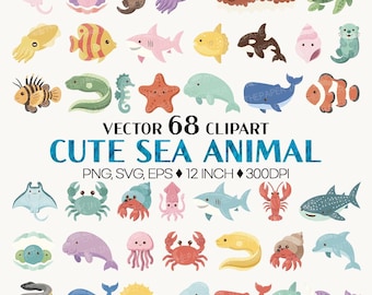 Animais marinhos fofos | Clipart PNG Vetorial Tartaruga-do-mar Baleia Tubarão Polvo Golfinho Água-viva Caranguejo Lula Peixe Concha Estrela-do-mar Raia Vida marinha