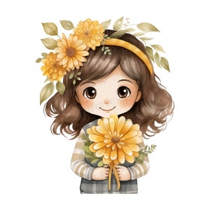 Ragazza carina con bouquet di fiori gialli PNG / Acquerello, tema autunnale, arredamento per la cameretta dei bambini, accogliente, adorabile clipart, foglie cadute, foglia, bambini,