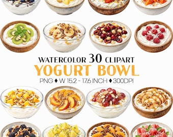 Yogurt Bowl | Watercolor Clip art PNG Fruit Granola Honey Maple Syrup Summer Treat Glass Ceramic Chocolate Berry Tropical Topping Food Nuts