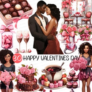 May include: A digital illustration with a Valentine's Day theme. It features a couple embracing, chocolates, a heart-shaped ring, champagne glasses, and the text "30 Happy Valentines Day". Pink roses and desserts are also included.