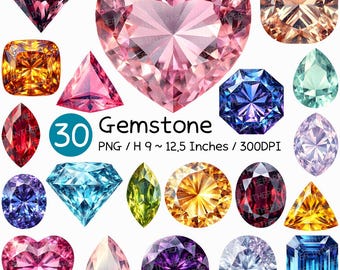 May include: A collection of 30 gemstone images in various shapes and colors, including heart, oval, pear, and square. The gemstones are all highly polished and sparkle brightly. PNG / H 9 ~ 12.5 Inches / 300DPI