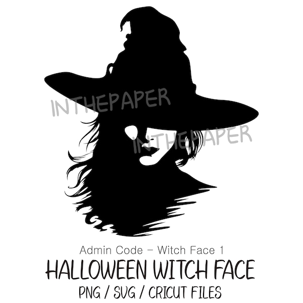 Halloween Witch Face | SVG, PNG, Black silhouette, line art, black and white, witch hat, woman, ghost, princess, deco, upper body