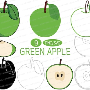 Könnte beinhalten: Ein Set mit neun Illustrationen von grünen Äpfeln in verschiedenen Stilen, darunter ganze Äpfel, Scheiben und Umrisse. Die Illustrationen sind perfekt für Bastel-, Scrapbooking- oder digitale Designprojekte.