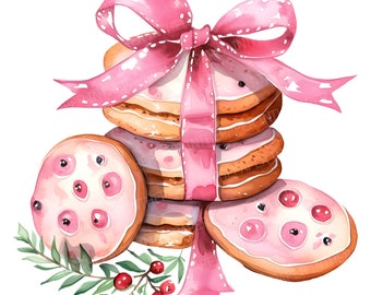 ピンクのクリスマス クッキー PNG 水彩画風ホリデー クッキー クリップアート
