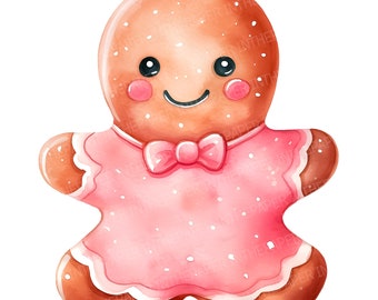 ピンクのジンジャーブレッドクッキー PNG 水彩クリスマス クリップアート