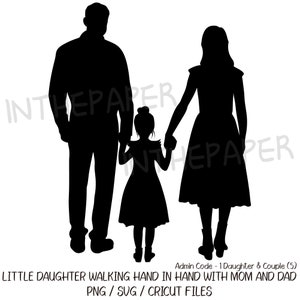 Vista posterior de una hija pequeña caminando de la mano con su mamá y su papá SVG / Día de la Madre PNG Silueta negra del padre Niña Niño Hombre Mujer
