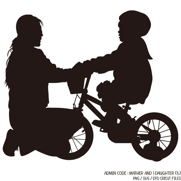 Mother teaching her daughter to ride a bicycle | Mother's Day PNG Black Silhouette SVG Hard Hat Child Mom Girl Clipart Lovely Adorable Knees