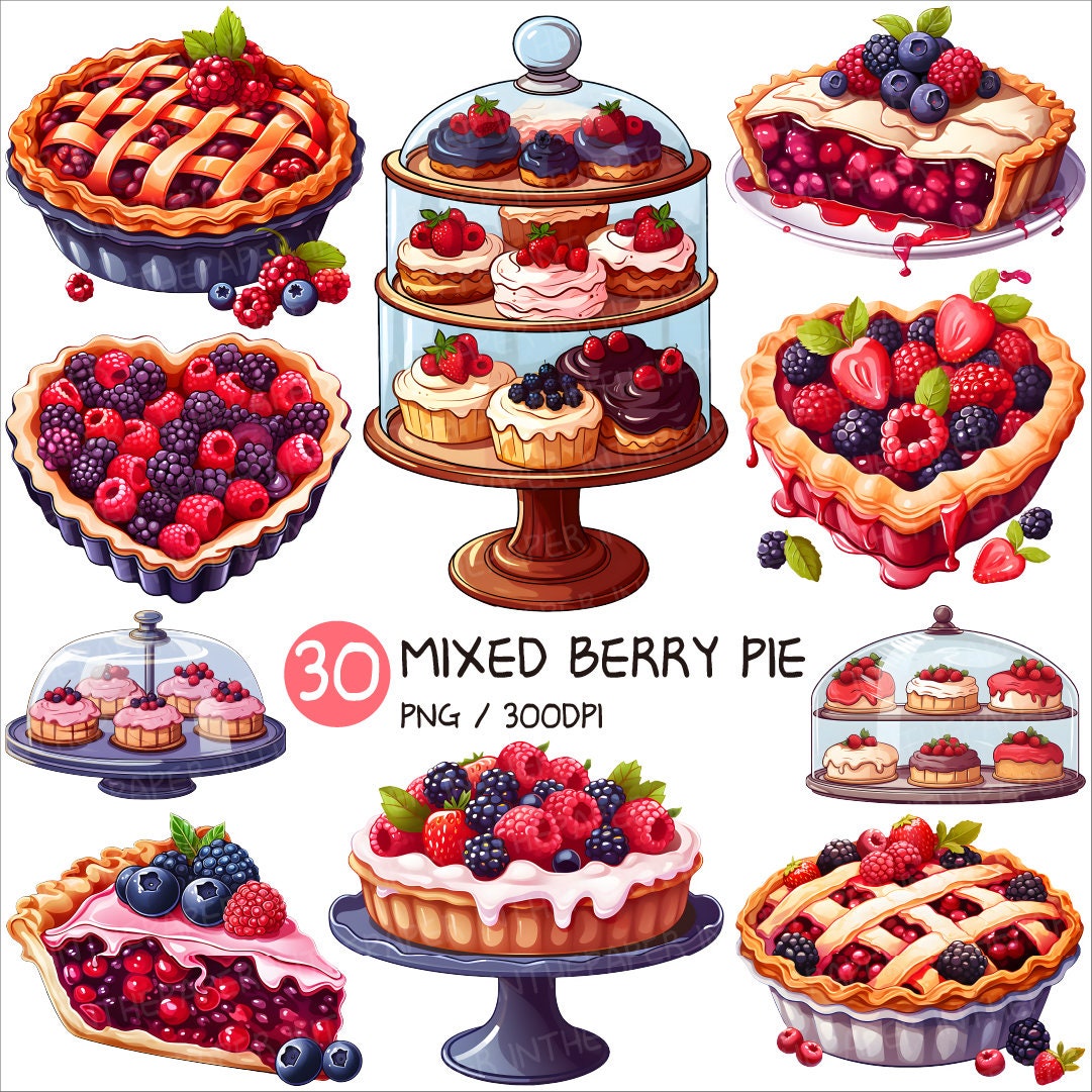 Mixed Berry Pie PNG | Fruit Tart Dessert Clip art Blueberry Raspberry Blackberry Strawberry Piece Cake Tray Glass Display case Sweet Illust