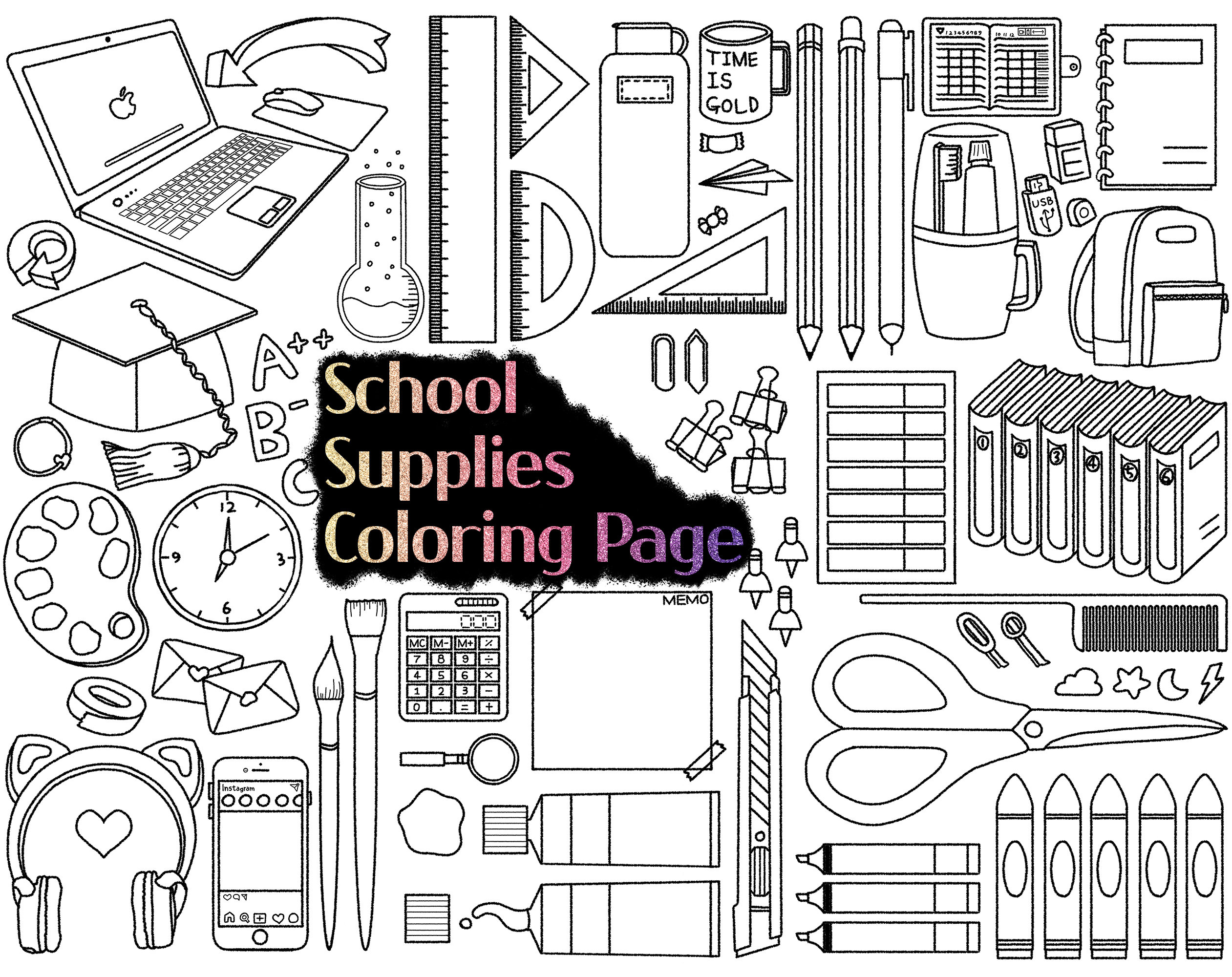 School Supplies Coloring Page · Creative Fabrica