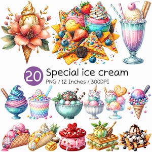 Speciaal-ijs | Aquarel Toetje Kegel Beker Kom Taco Sandwich Wafeltje Koekje Fruit Chocolade Strooi Snoep Noot Werveling Zoete traktatie Schattig png