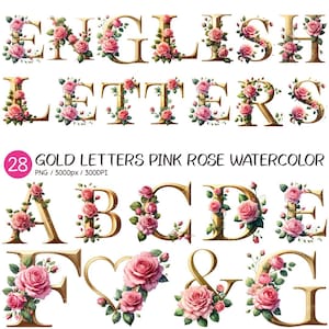 Letra dorada rosa rosa acuarela / alfabeto floral vid tipografía de lujo símbolos elegantes flor ampersand boda fuente corazón clipart PNG