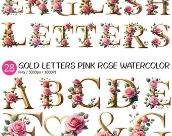 Gold Letter Pink Rose Watercolor | Alphabet Floral Vine Luxury Typography Elegant Symbols Flower Ampersand Wedding Font Heart ClipArt PNG