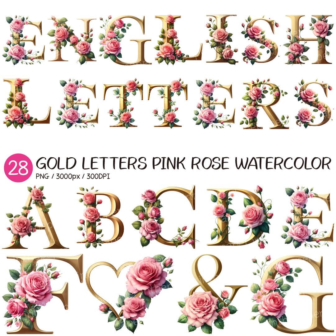 Gold Letter Pink Rose Watercolor | Alphabet Floral Vine Luxury ...