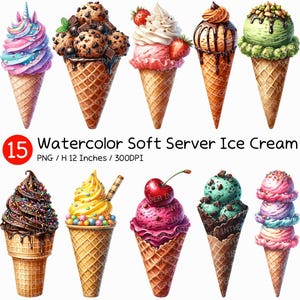 May include: A set of 15 watercolor illustrations of soft serve ice cream cones. The cones are decorated with various toppings, including sprinkles, chocolate chips, cherries, and fruit. The ice cream is in a variety of colors, including pink, blue, green, yellow, and brown.