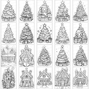 May include: A set of 20 black and white Christmas-themed coloring pages featuring illustrations of Christmas trees, houses, and other holiday imagery.