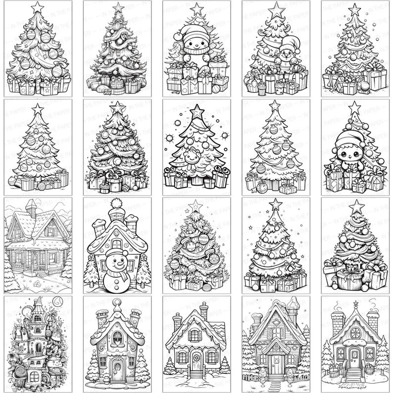May include: A set of 20 black and white Christmas-themed coloring pages featuring illustrations of Christmas trees, houses, and other holiday imagery.