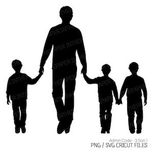 Dad Walking Hand In Hand With His Three Sons | Fathers Day PNG Silhouette SVG Black And White Boy Clip Art Children Kid's brother sibling