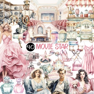 Movie Star PNG | Cinema Actor Film Festival Awards Ceremony Watercolor Vintage Retro Dress Elegant Lighting sunglasses perfume loudspeaker