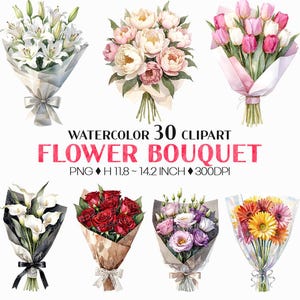 May include: Watercolor clipart of various flower bouquets. The bouquets include white lilies, pink peonies, pink and white tulips, calla lilies, red roses, purple and pink flowers, and orange and yellow gerbera daisies. Text reads "WATERCOLOR 30 CLIPART FLOWER BOUQUET". Height is 11.8 to 14.2 inches.