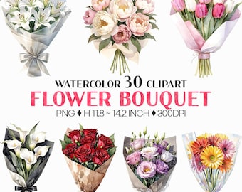 Watercolor Flower Bouquet | PNG Clipart Rose Peony Tulip Hydrangea Carnation Daisy Lily Lavender Iris Freesia Wedding Floral Arrangement