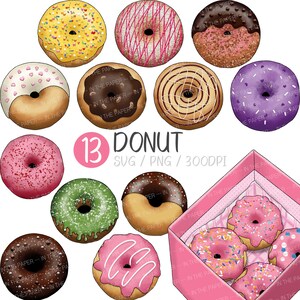 May include: A set of 13 illustrated donuts in various colors and toppings, including sprinkles, chocolate, and icing. The donuts are arranged in a circle around the text "13 Donut SVG/PNG/300DPI". There are also four donuts in a pink box.