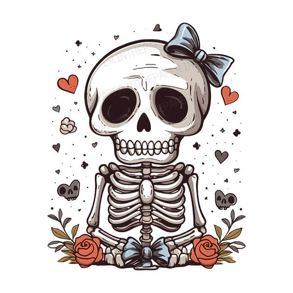 Cute Skeleton Sitting With a Ribbon Hairpin PNG | Skull, Halloween, blue ribbon, red flower, Kawaii, rose, design, illustration, deco