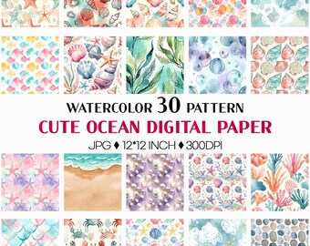 Cute Ocean Digital Paper | watercolor sea seamless background cute fish shell coral pattern underwater pattern