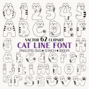Kattlinjetypsnitt | Söt alfabet SVG siffror EPS Clipart Kattunge PNG silhuett djurbokstäver typografi monogram kawaii kattunge vektor