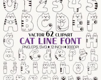 Cat Line Font | Cute Alphabet SVG Numbers EPS Clipart Kitten PNG Silhouette Animal Lettering Typography Monogram Kawaii Kitty Vector