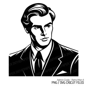 Pommade rétro coiffure homme noir Silhouette SVG | Vintage PNG costume illustration de mode années 70 80s stylet classique nostalgique haut du corps dessin au trait