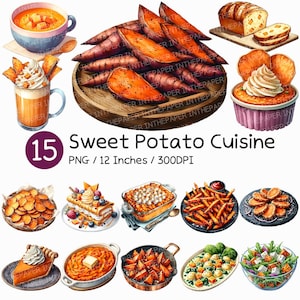 Cocina de batata / Clipart de acuarela, tempura, papas fritas, café con leche, sopa, pan, pastel, patatas fritas, cazuela, ensalada, asado, horneado, en rodajas, postre, verduras PNG