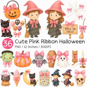 Puede incluir: Una colección de ilustraciones con temática de Halloween. Incluye una calabaza, un gato negro, una bruja, un fantasma y otros personajes, todos adornados con lazos rosas. El texto dice "Cute Pink Ribbon Halloween".