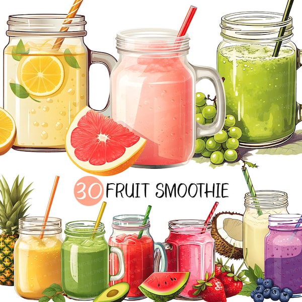 Fruit Smoothie PNG | Jar Tropical Banana Strawberry Blueberry Pineapple Kiwi Orange Grapefruit Peach Lemon GlassCup Cute fresh Juice Clipart