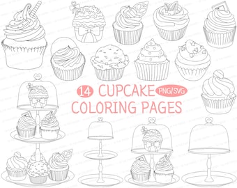 Cupcake Coloring Pages | Png Svg Book Kid Adult Cake On Plate Dessert Sweet Cake Stand Chocolate Deco Decoration Cute Kawaii Blcak out line