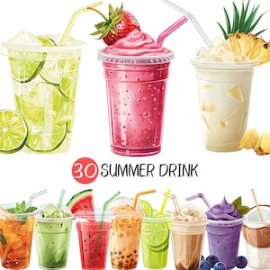 Könnte beinhalten: Eine Sammlung von 10 bunten Sommergetränken in durchsichtigen Plastikbechern mit Strohhalmen. Die Getränke umfassen einen Erdbeer-Smoothie, einen Ananas-Smoothie, eine Limonade, einen Wassermelonen-Smoothie, einen grünen Tee-Smoothie, einen Boba-Tee, eine Limonade, einen Kaffee-Smoothie, einen Taro-Smoothie und Kokoswasser. Der Text "30 SUMMER DRINK" ist in Rot und Weiß auf weißem Hintergrund geschrieben.