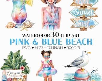 Pink and blue Beach | Watercolor summer ocean seaside vacation tropical Clip Art PNG