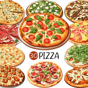 Op de afbeelding: Een assortiment pizza's met diverse toppings, waaronder tomaten, basilicum en vijgen. De afbeelding toont verschillende pizzastijlen, met de tekst "30 PIZZA" in het midden. De pizza's zijn in een aantrekkelijke compositie gerangschikt.