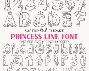 Cute Princess Font | Outline Coloring Page SVG Line Clip art Royalty Alphabet EPS Numbers Tiara Crown Wand Lace Ribbon Heart Sparkle Girl