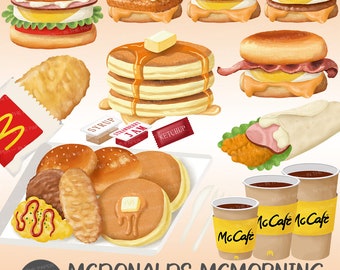 Mcdonalds Mcmorning PNG | Fast Food Frühstück Clipart Drip Coffee Ei Muffin Haschisch Braun Hotcakes Snack Wrap Retro Diner Junkup Illustration