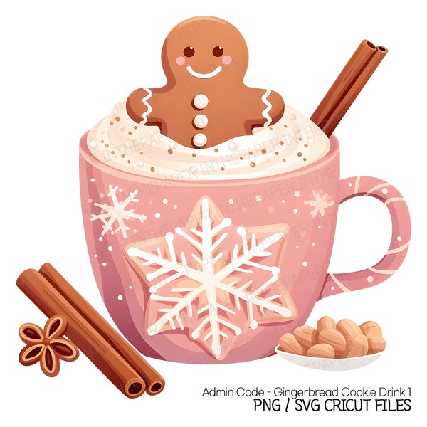 Boisson de Noël rose et biscuits au pain d’épice PNG | Mignon Clip Art Adorable Cannelle Anis Étoilé Noix Chocolat Chaud Dessert Nourriture Chaude Tasse Confortable