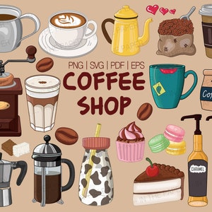 May include: A colorful illustration of coffee shop items, including a coffee grinder, a french press, a coffee pot, a cup of coffee, a latte, a teapot, a bag of coffee beans, a to-go cup, a cupcake, a slice of cake, and bottles of caramel and vanilla syrup.