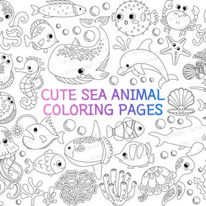 Cute Sea Animal Coloring Pages For Kid | SVG, PNG, Fish, whale, seahorse, pearl, clam, starfish, crab, flounder, monkfish, stingray, seaweed