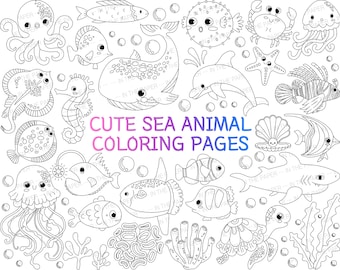 Cute Sea Animal Coloring Page | Fish PNG Summer SVG for Kid Whale Under the Sea Outline Seahorse Pearl Starfish Flounder Stingray Seaweed