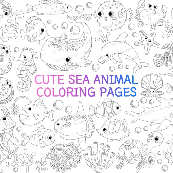 Cute Sea Animal Coloring Pages For Kid | SVG, PNG, Fish, whale, seahorse, pearl, clam, starfish, crab, flounder, monkfish, stingray, seaweed