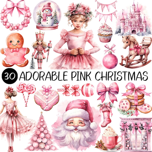 Noël rose PNG | Adorable clipart aquarelle mignon petite fille ballerine cerf bonhomme de neige père Noël chapeau maison bougie soldat poupée sucette