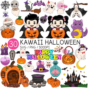 May include: A set of 30 Kawaii Halloween-themed SVG and PNG graphics. The image showcases various cute illustrations, including pumpkins, bats, ghosts, vampires, cats, and the text "Happy Halloween". The graphics are colourful and suitable for crafting.