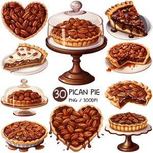 May include: A set of 30 digital illustrations of pecan pies in various shapes and sizes. The pies are decorated with chocolate, caramel, and pecans. The illustrations are in a cartoon style and are perfect for use in digital scrapbooking, card making, and other craft projects. The text "30 Pican Pie PNG / 300DPI" is included in the image.