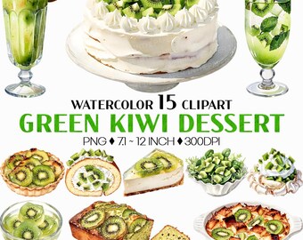 Green Kiwi Dessert | Watercolor Clip Art PNG Cake Pavlova Smoothie Tart Jelly Salad Bread Pudding Sweet Food Set 15