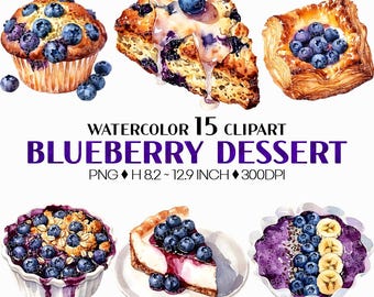 Blueberry Desserts | Watercolor Clipart PNG Cupcake Cheesecake Yogurt Muffin Pie Tart Madeleine Pastry Pudding Pancake Smoothie Galette