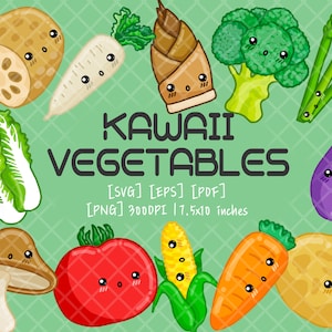 VERDURAS KAWAII PNG / svg / eps / pdf / Clipart / lindas / Maíz / Brócoli / Patata / Tomate / Berenjena / Espárragos / Champiñones / Zanahoria